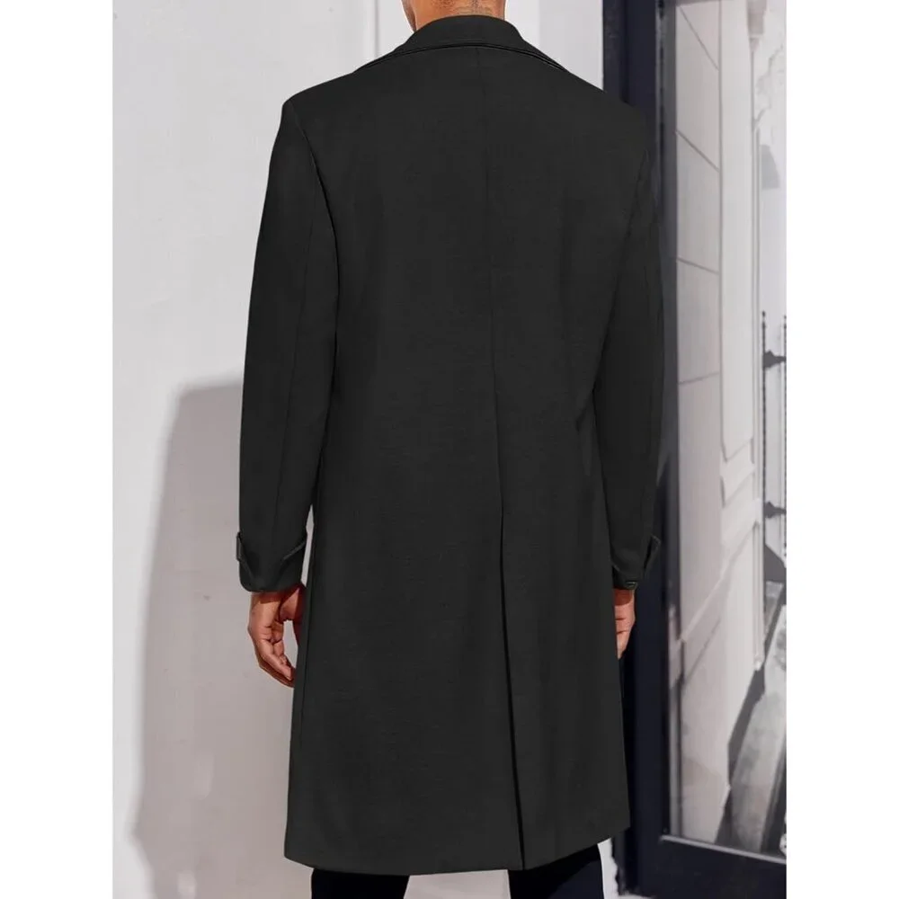 Men's Black Notch Lapel Double Breasted Long Trench Coat Cotton Blend Pea coat